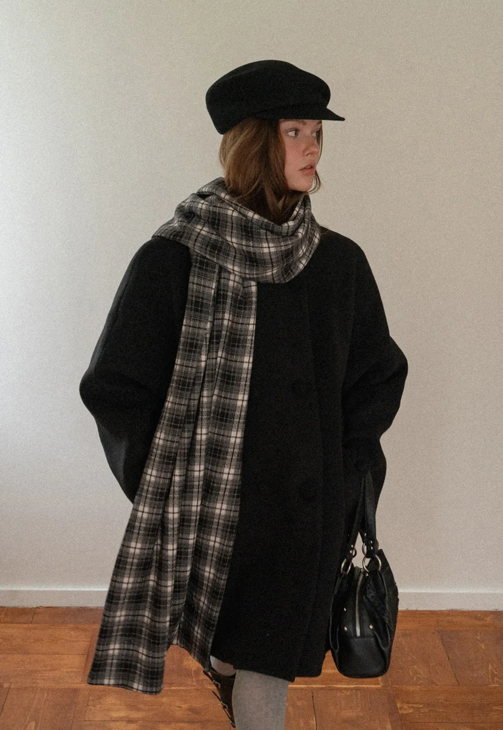 Women Black Wool Coat with Plaid Scarf Set