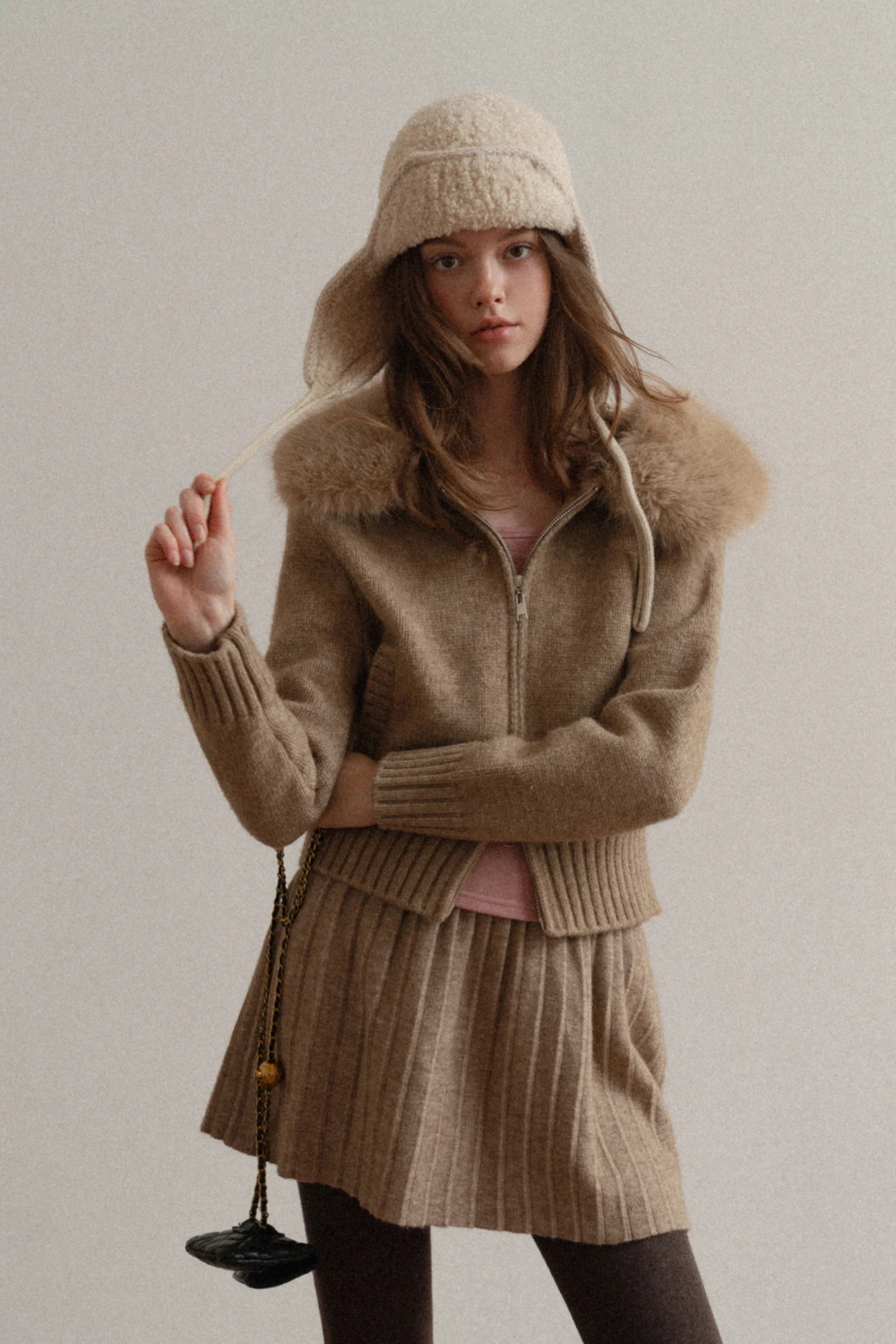 Zip Sweater and Pleated Skirt Combo