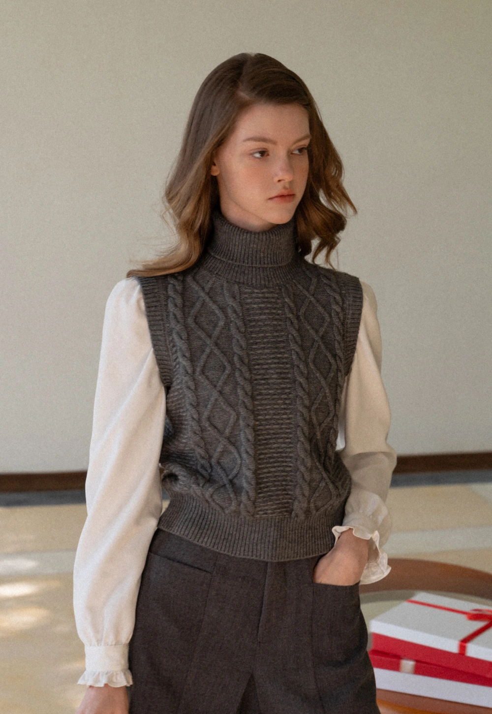 Cable Knit Sleeveless Turtleneck Sweater