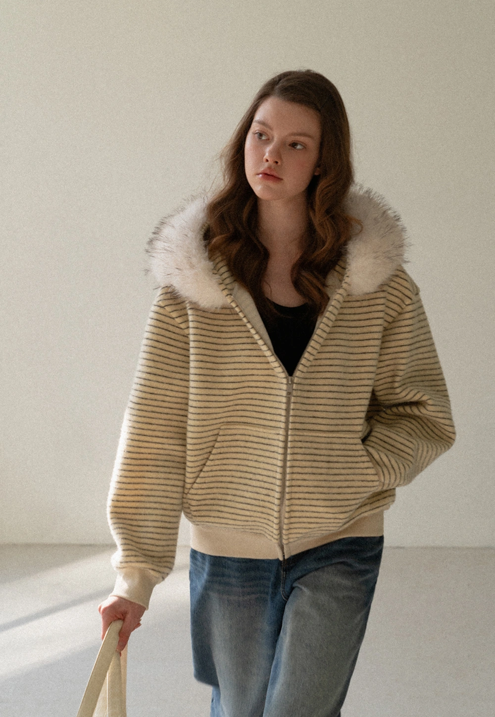 Women Striped Zip-Up Hoodie with Fur Collar