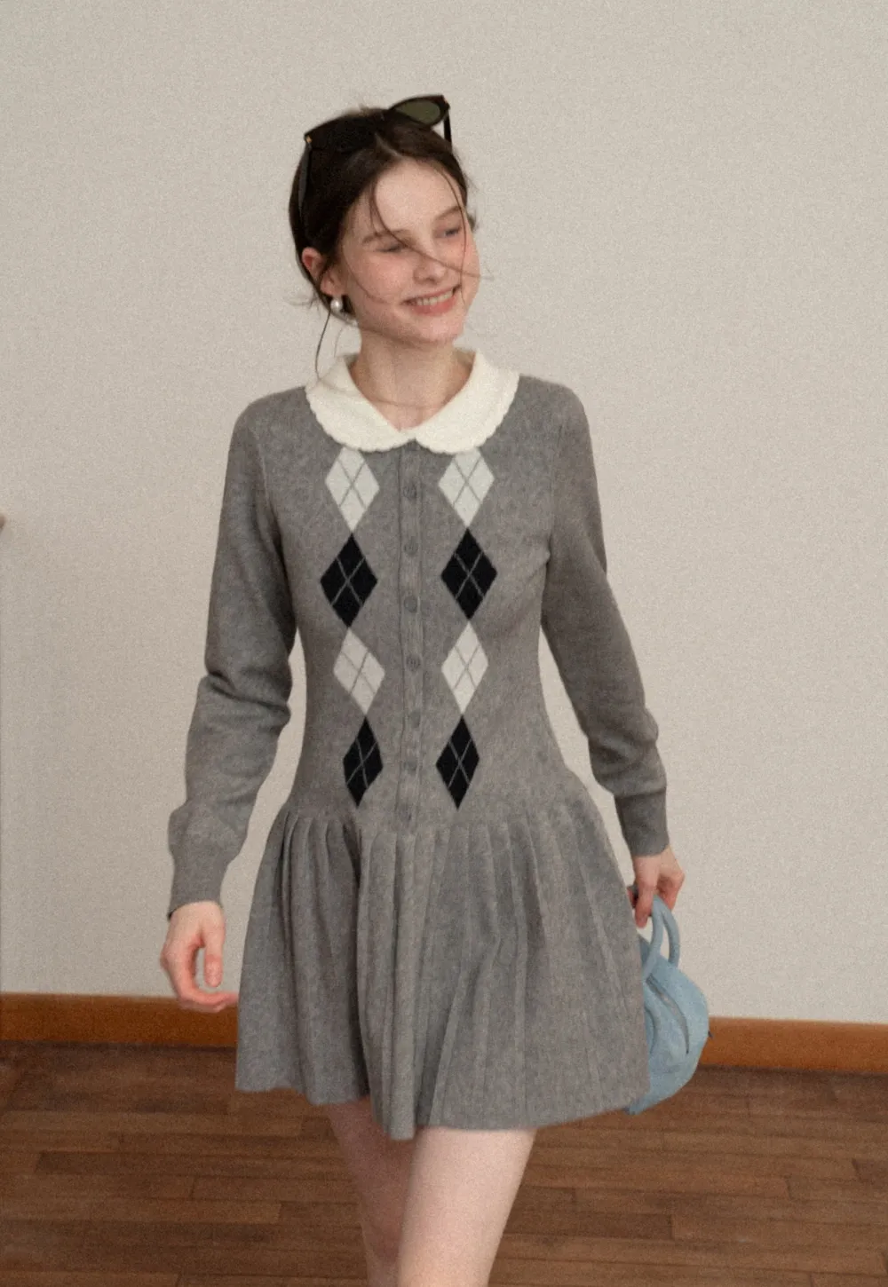 Argyle Knit Dress with Peter Pan Collar