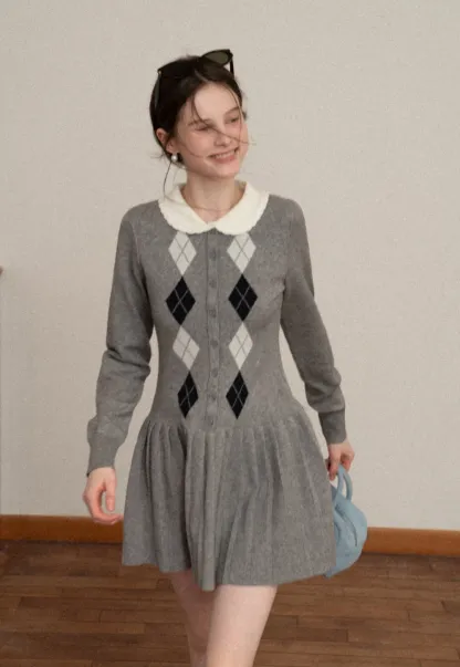 Argyle Knit Dress with Peter Pan Collar
