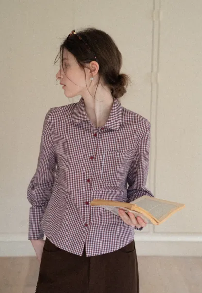 Women Classic Gingham Checkered Button-Up Shirt
