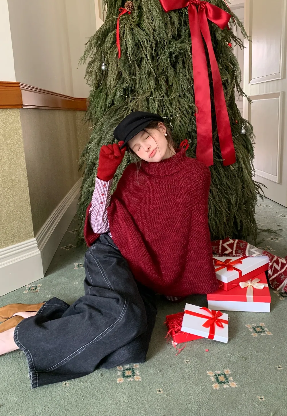 Soft Red Knitted Poncho with Turtleneck