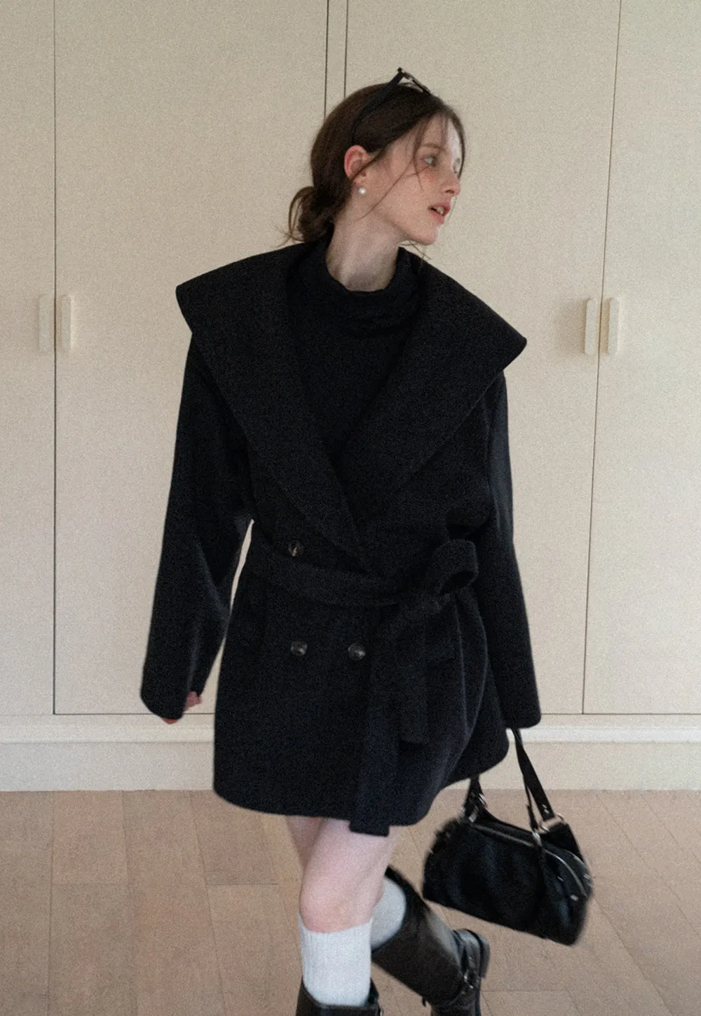 Cozy Black Oversized Coat with Knee-High Boots