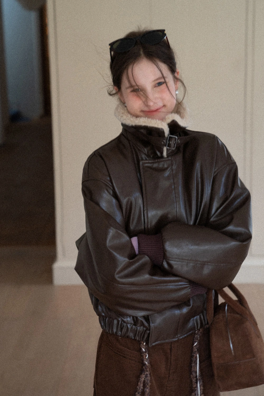 Faux Leather Bomber Jacket with Fur Collar