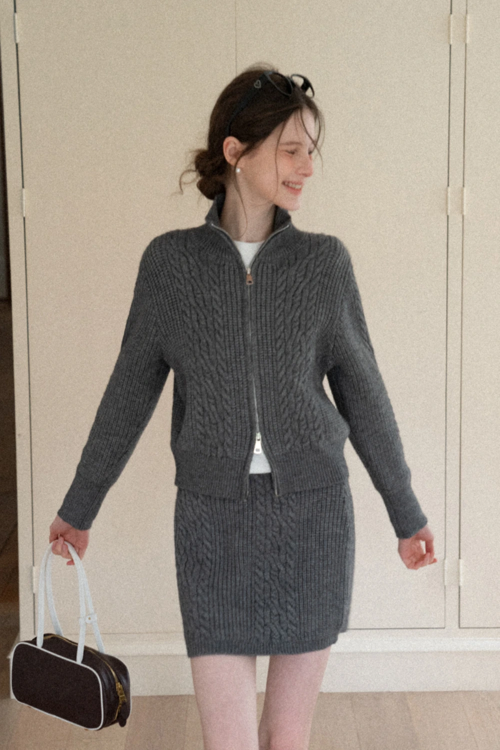 Cable Knit Zip-Up Sweater and Skirt Set