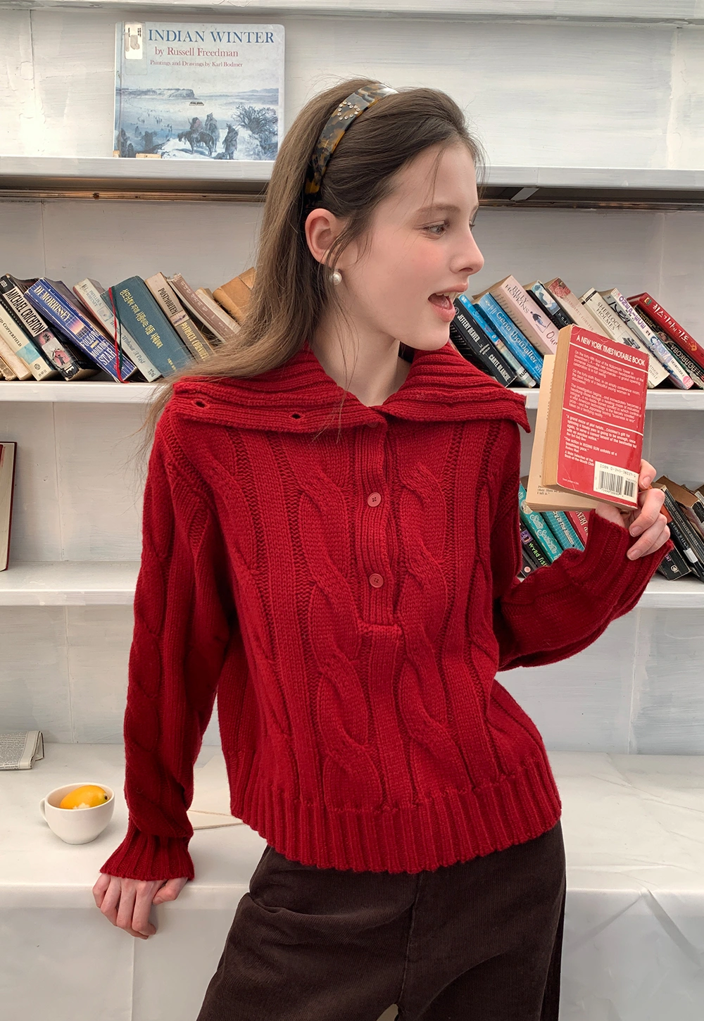 Cable Knit Turtleneck Sweater with Ribbed Sleeves and Hem