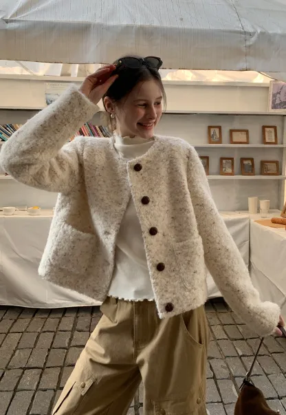 Textured Short Jacket with Long Sleeves and Round Neck