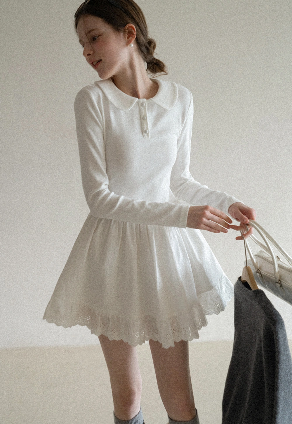 Elegant Long Sleeve Dress with Lace Trim and Flared Skirt