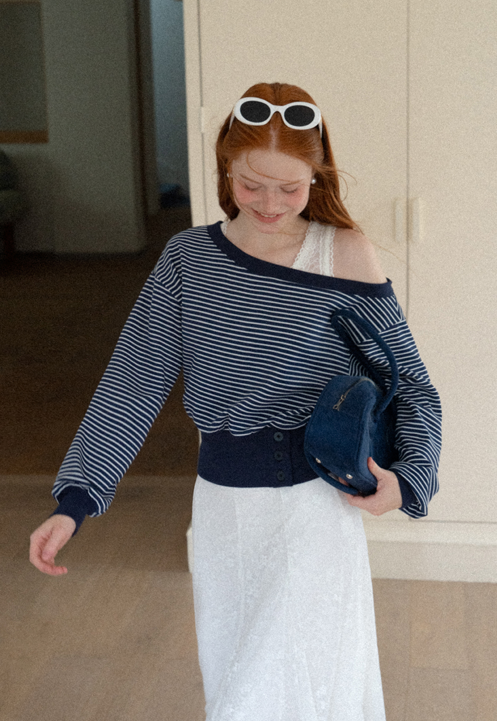Off-the-Shoulder Striped Sweatshirt and Lace Tank Top Set