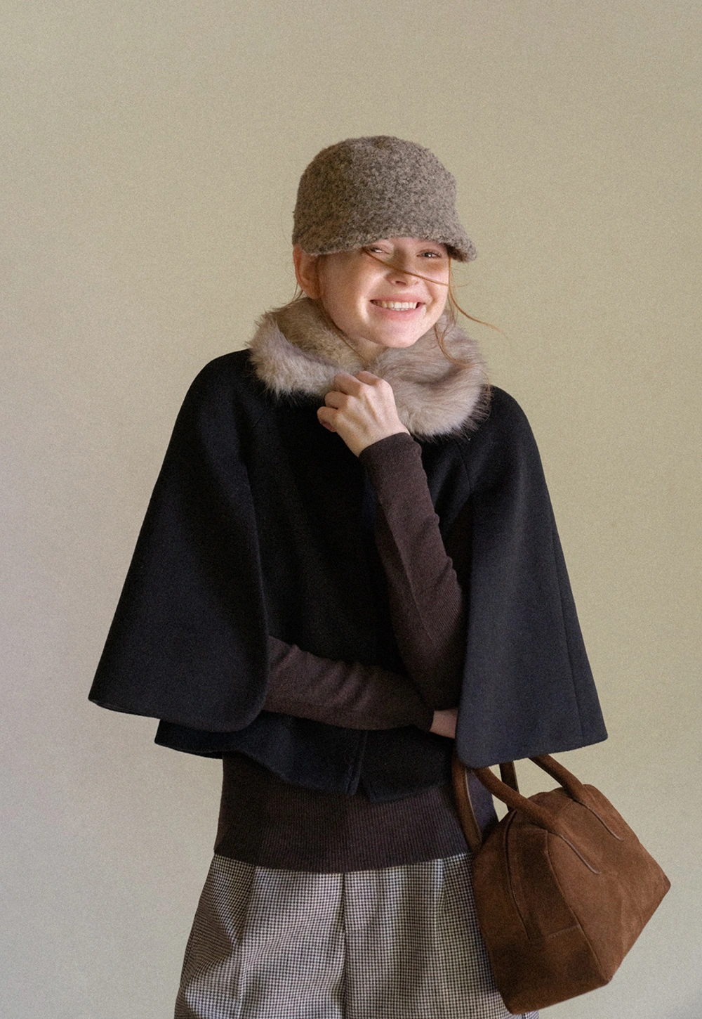 Faux Fur Trimmed Cape Wool Coat