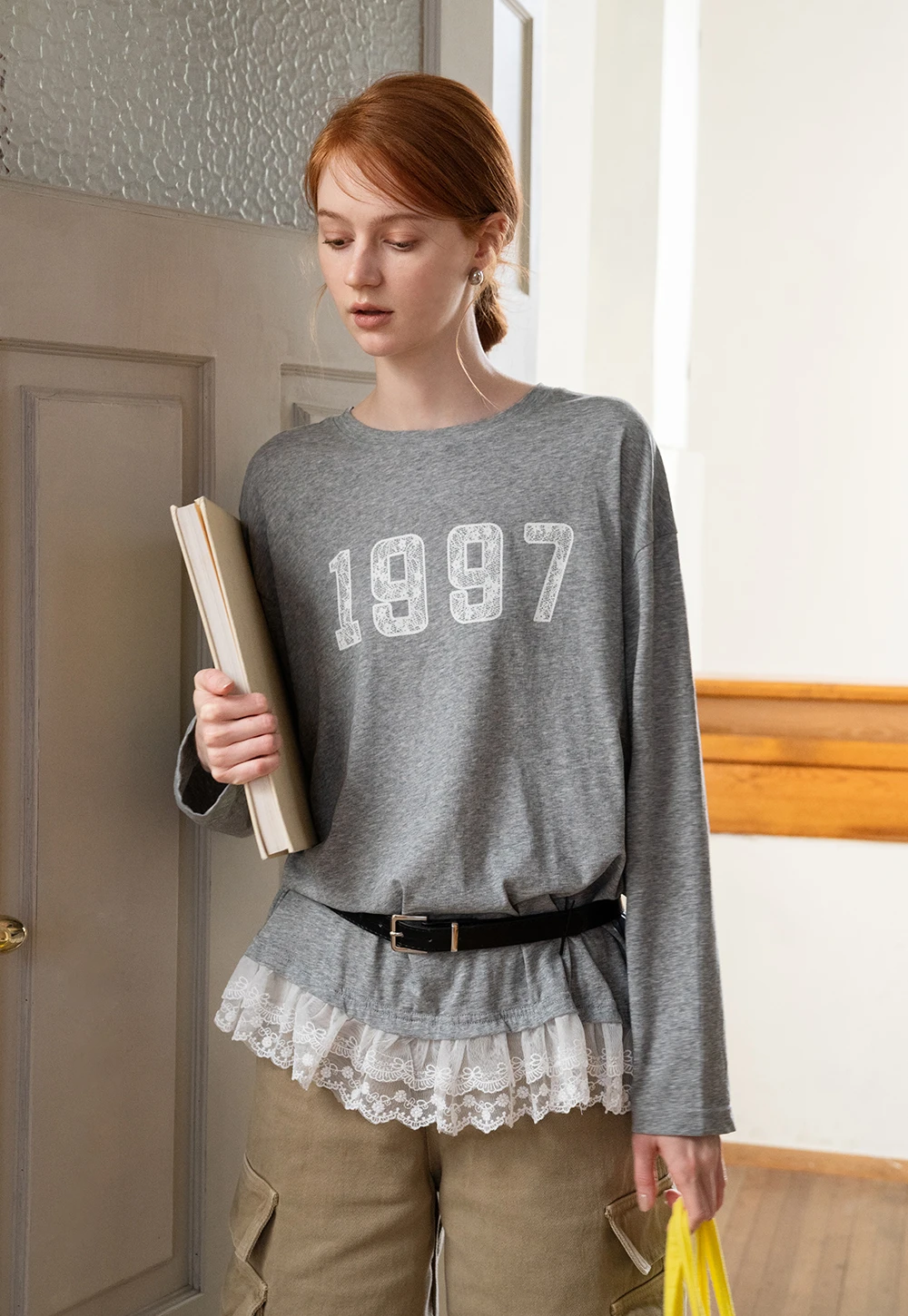 Women's Graphic Long Sleeve Top with Lace Hem