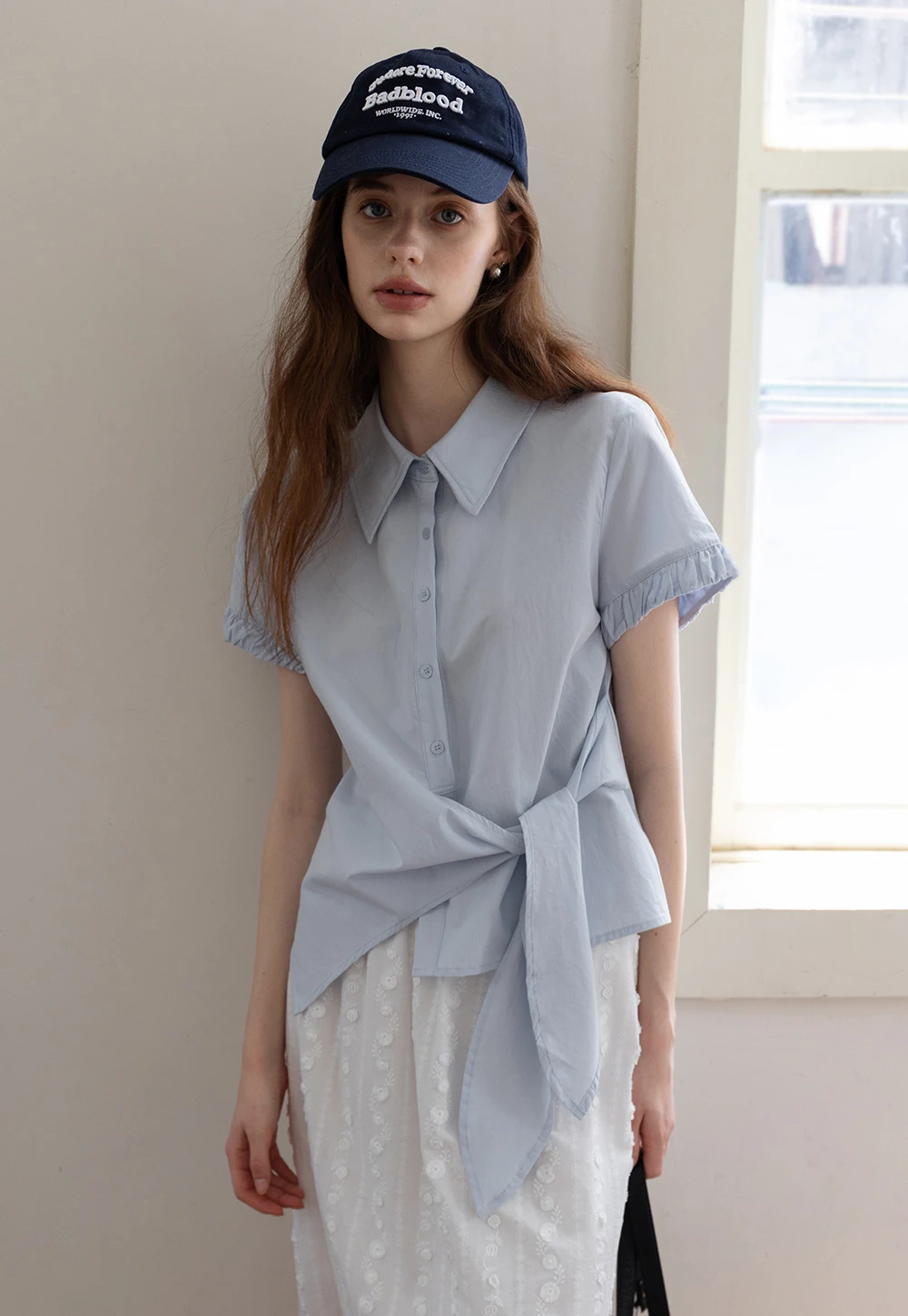 Women's Short Sleeve Button Down Shirt with Tie Front