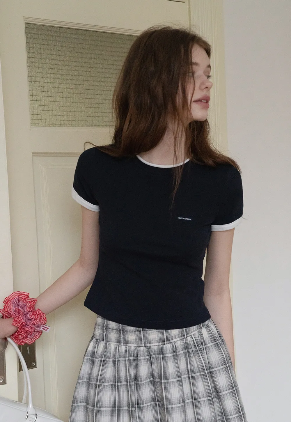 Women's Navy Ringer T-Shirt with Logo