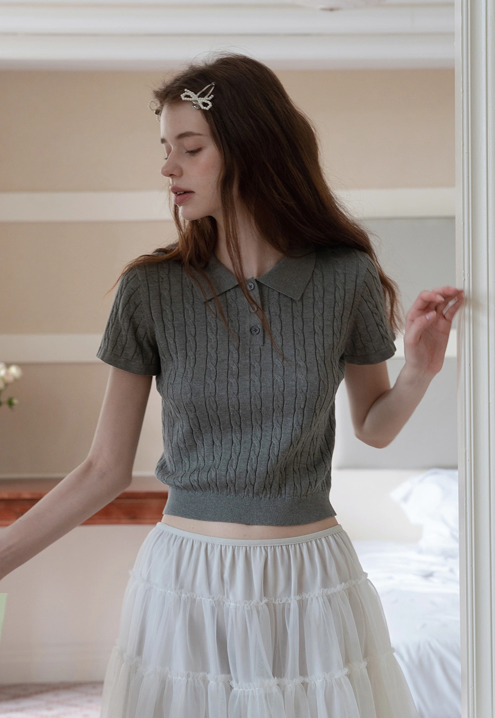 Women's Grey Ribbed Polo Shirt with Short Sleeves
