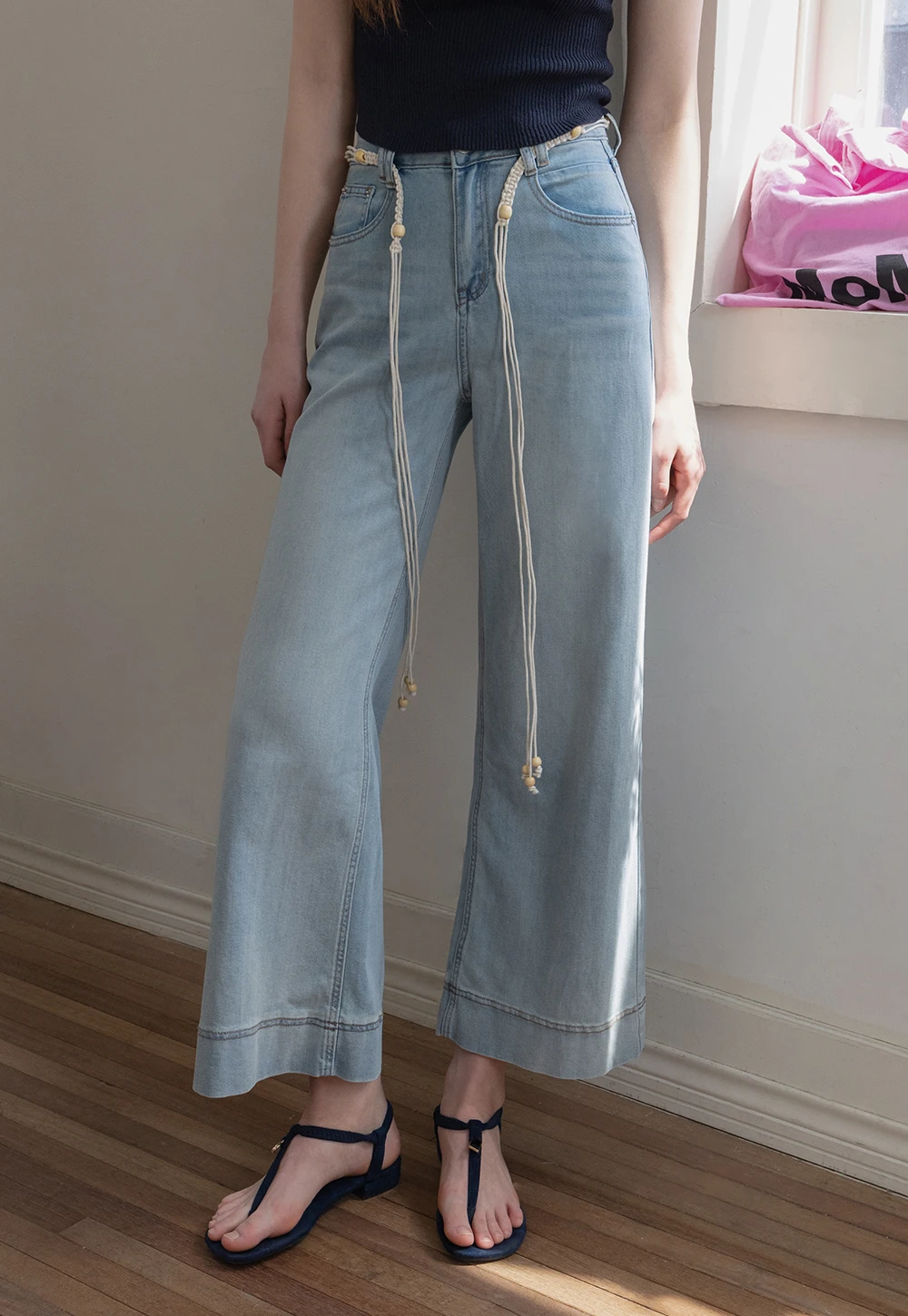 Women's Wide Leg Jeans with Rope Belt