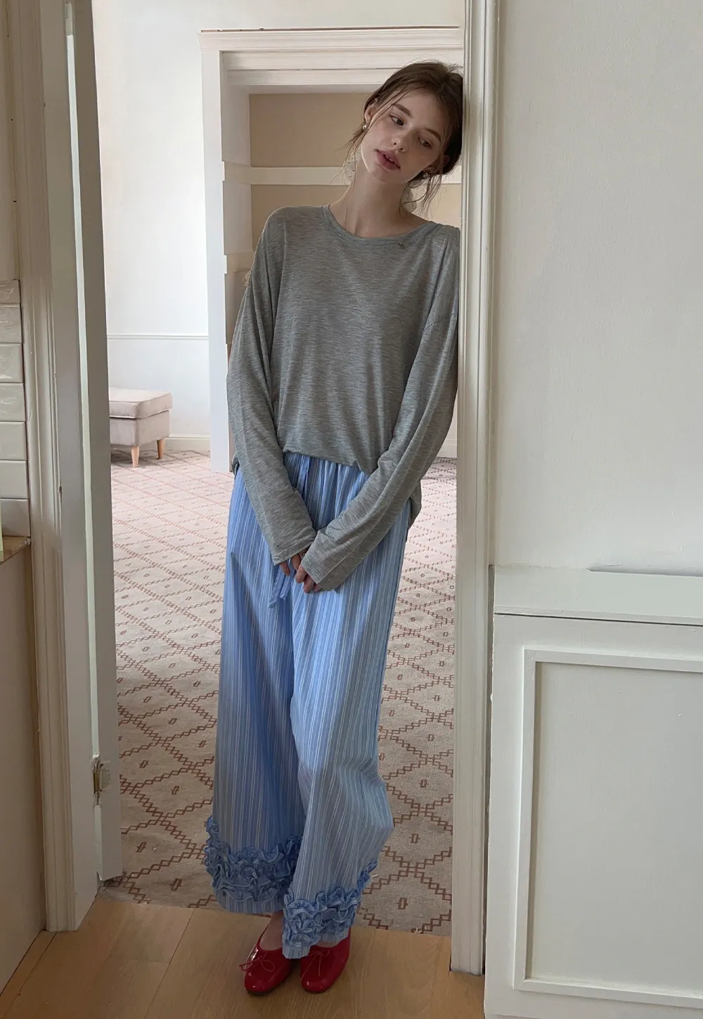 Striped Wide-Leg Pants with Ruffle Hem
