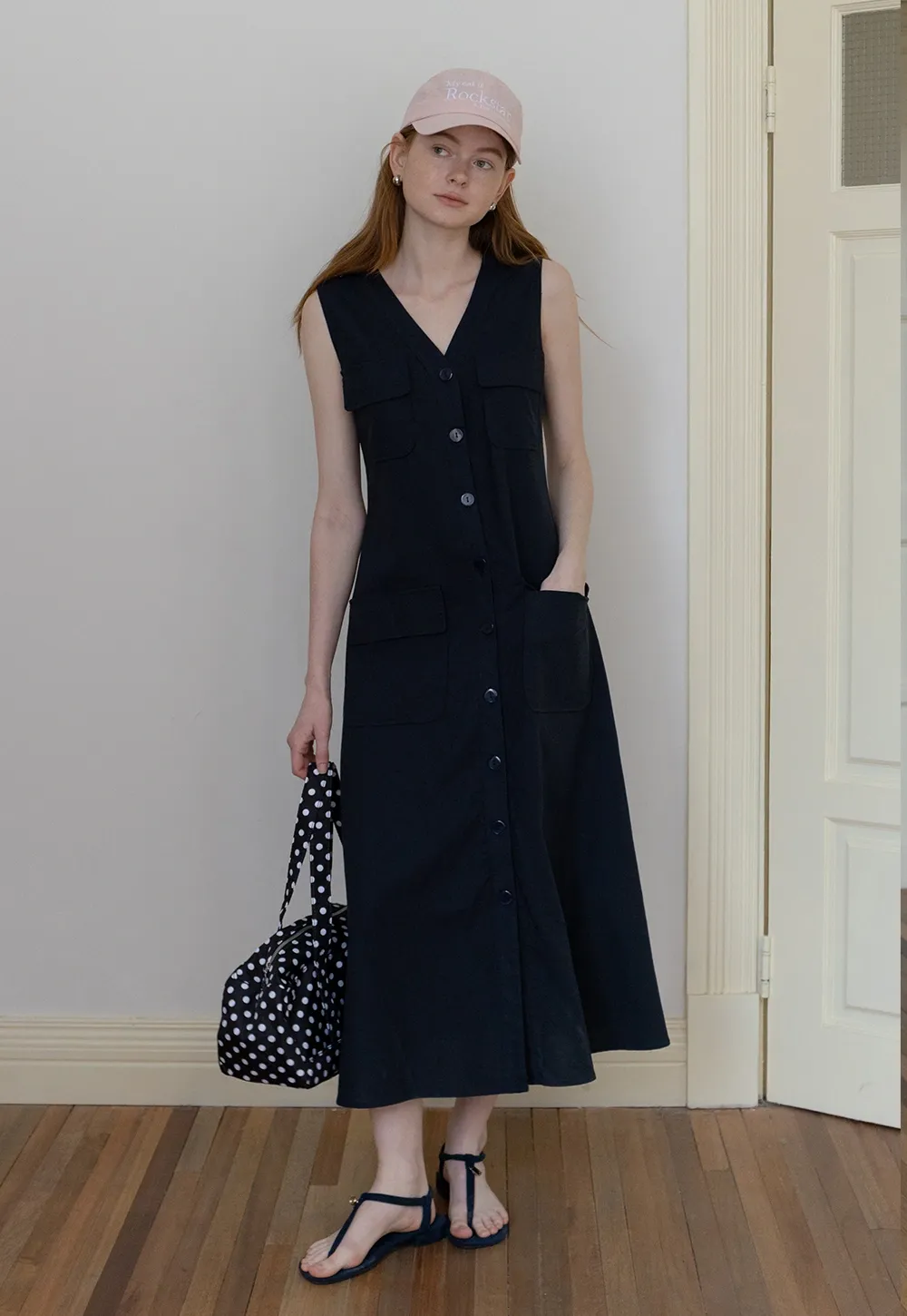 Sleeveless Button-Front Utility Midi Dress