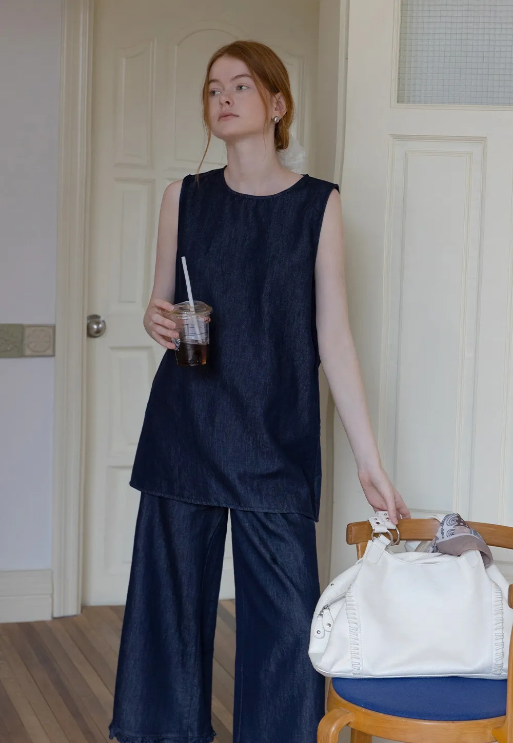 Sleeveless Denim Top and Wide-Leg Pants Set