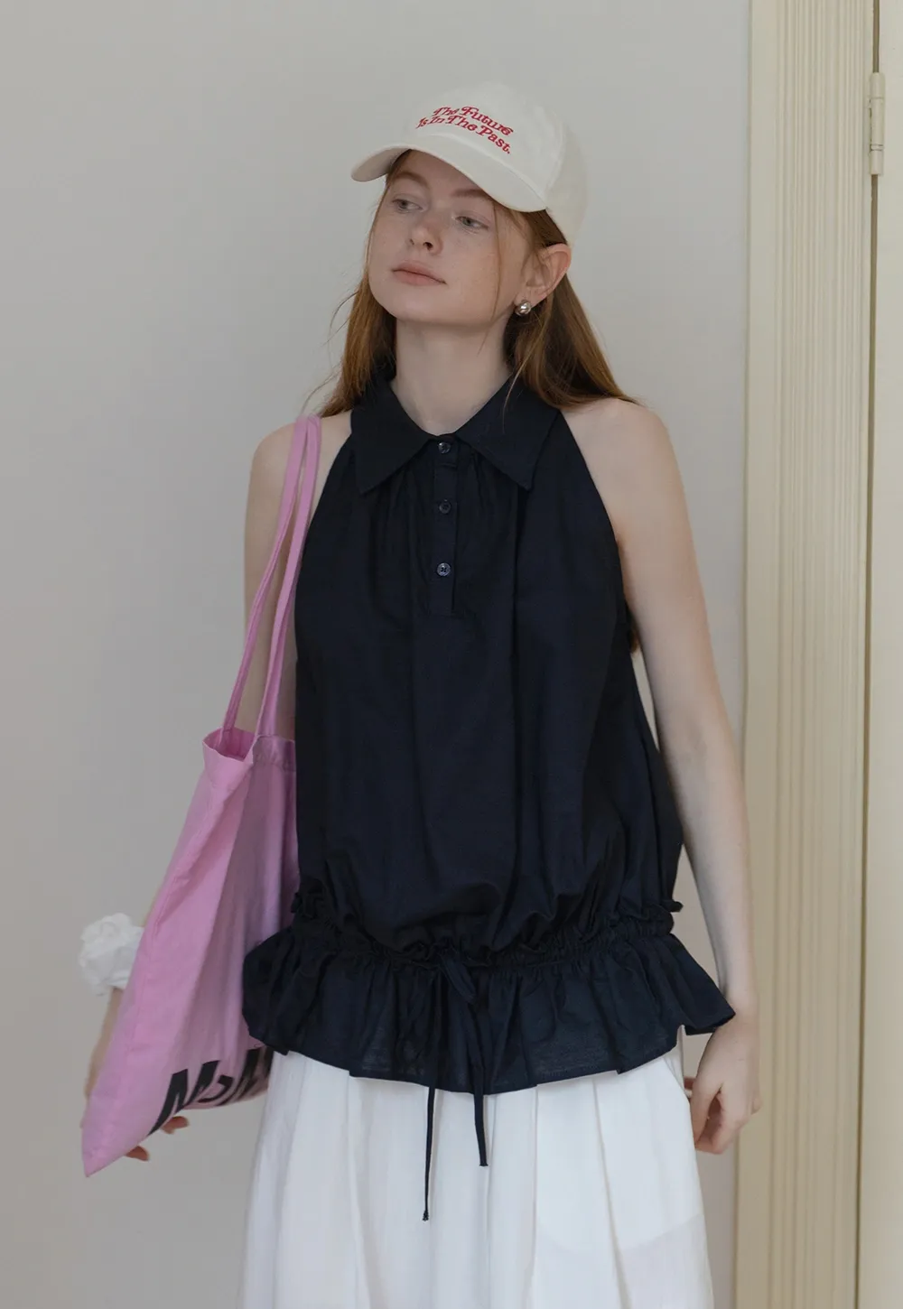 Drawstring Hem Sleeveless Collared Top