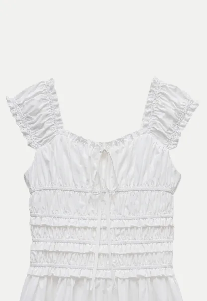 Women’s White Ruched Puff Sleeve Dress