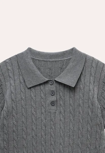 Women's Grey Ribbed Polo Shirt with Short Sleeves