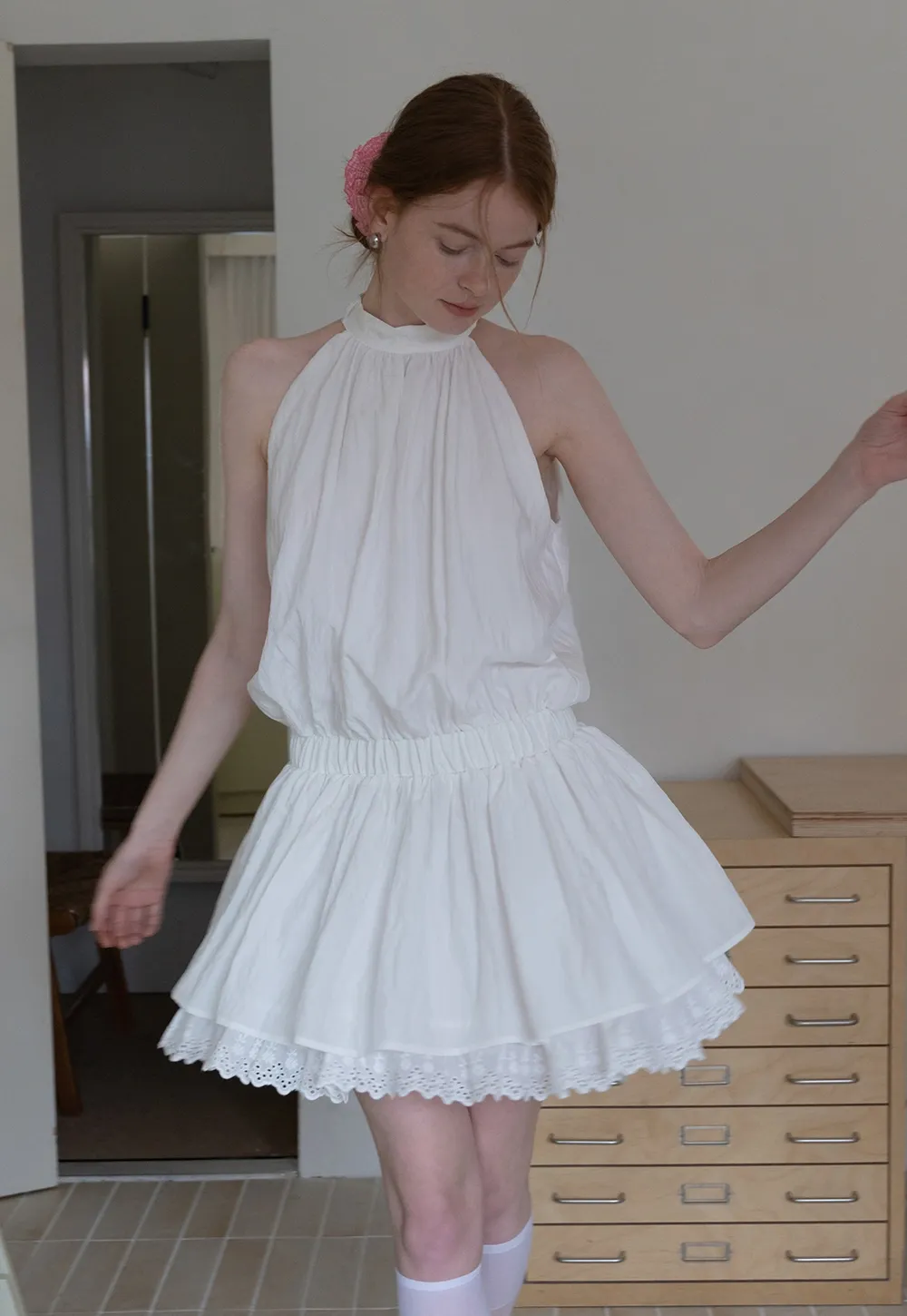 Eyelet Trim Halter Mini Dress