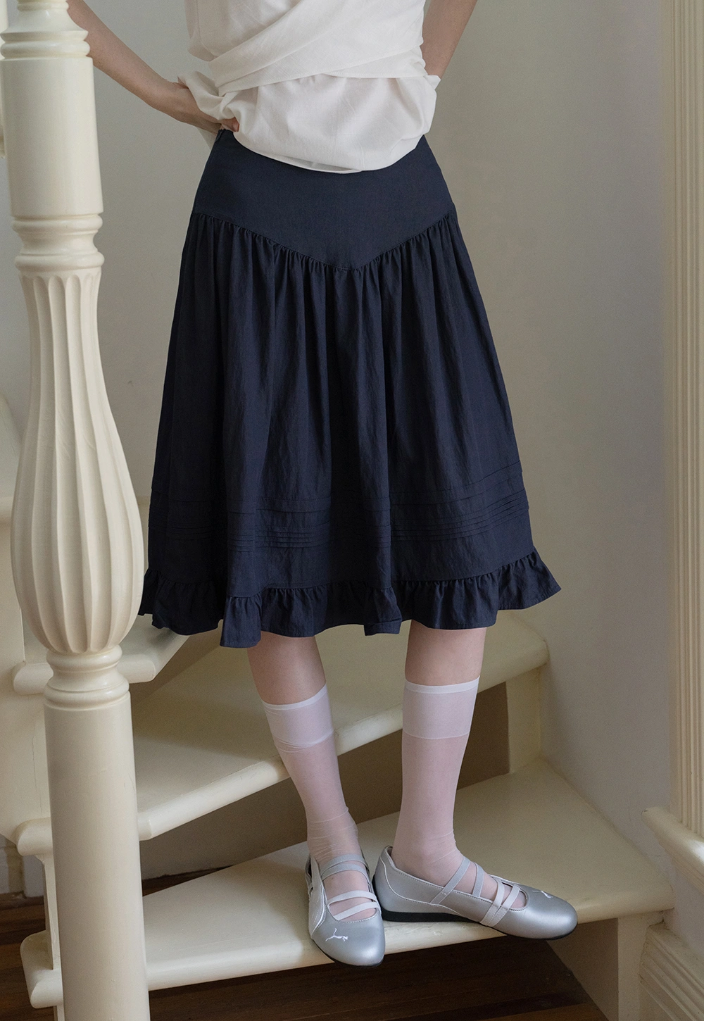 Women's High Waist Midi Skirt with Ruffle Trim and Statement Design