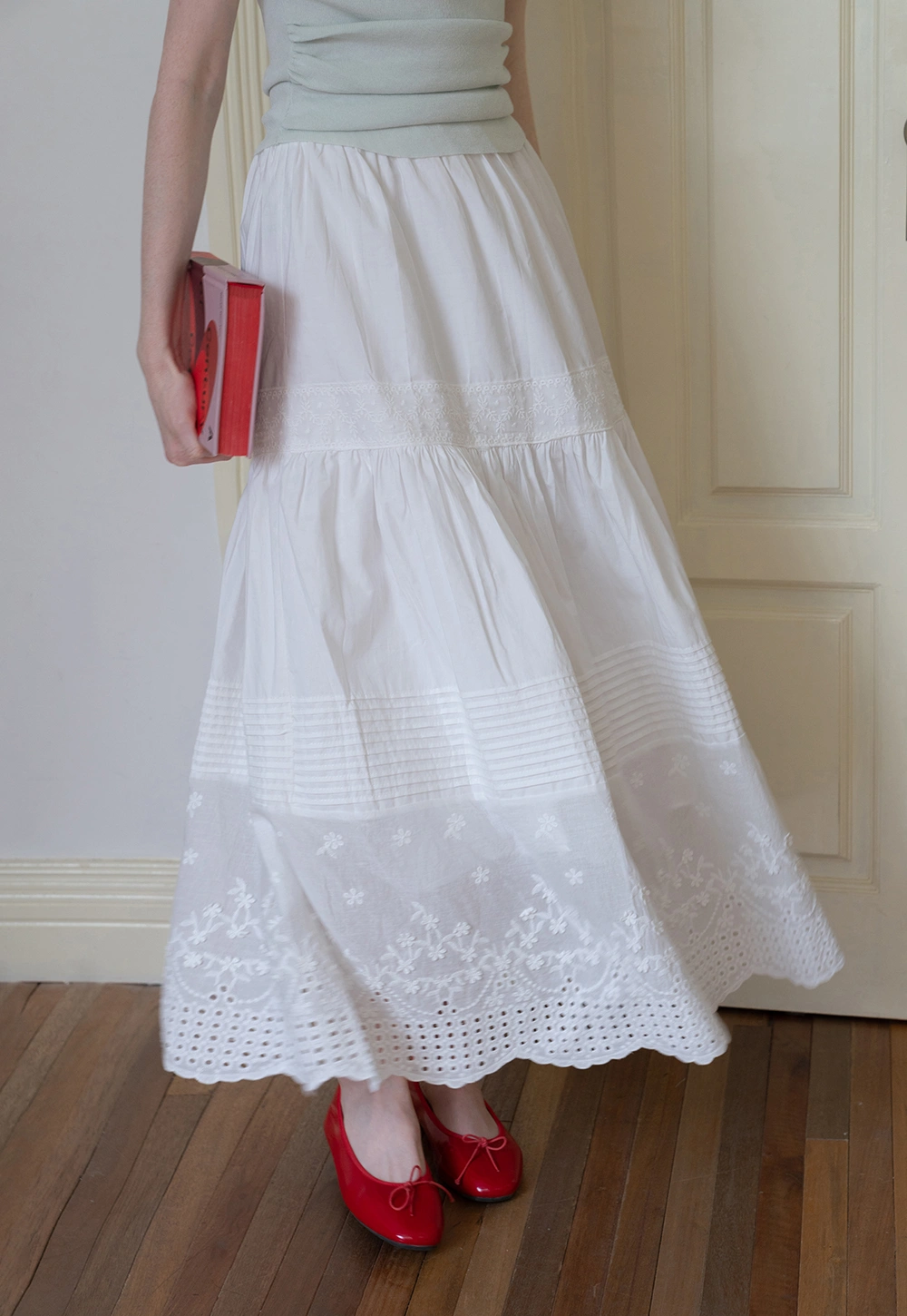 Women's High Waist Cotton Midi Skirt with Embroidery and Eyelet Hem