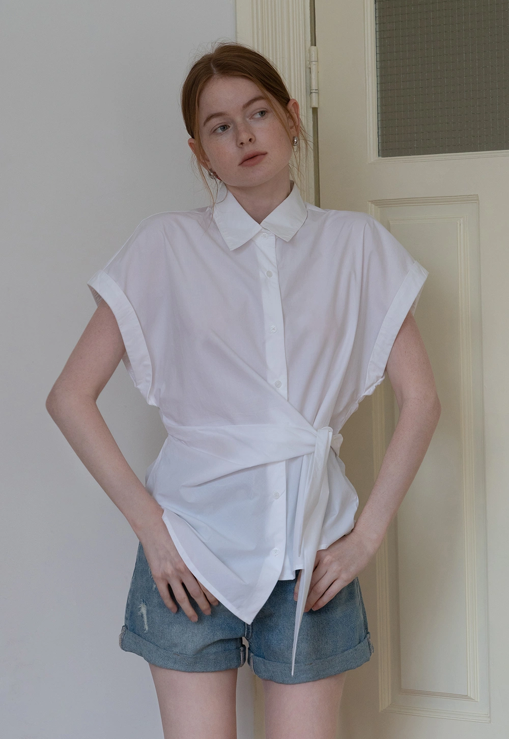 Women's Short Sleeve Button Down Shirt with Waist Tie