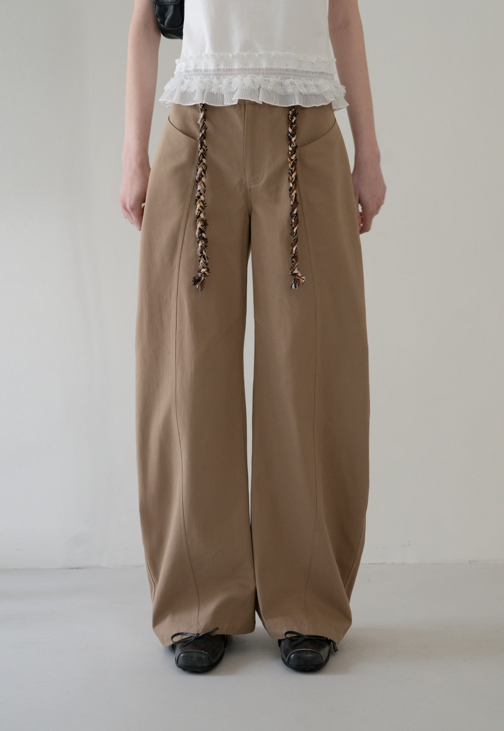 Wide-Leg Trousers with Braided Drawstring Detail