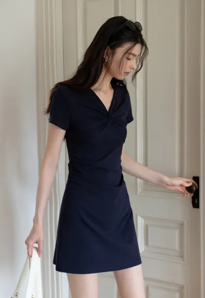 Women's Twist Front Short Sleeve Mini Dress Ruched Slim Fit