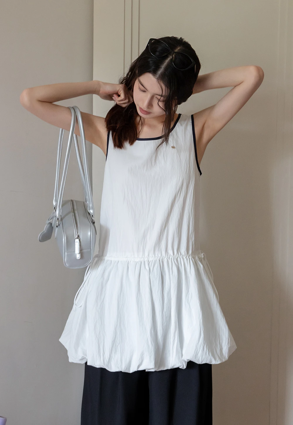 Women's Sleeveless Bubble Hem Mini Dress with Drawstring