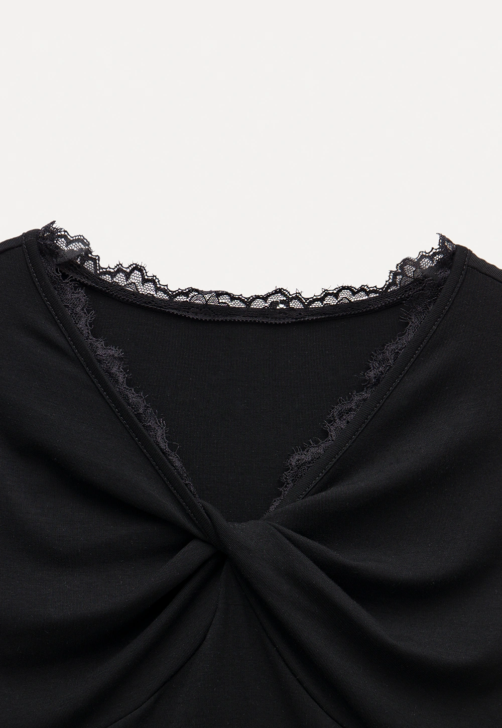 Women's Ruched V-Neck Lace Trim Fitted T-Shirt