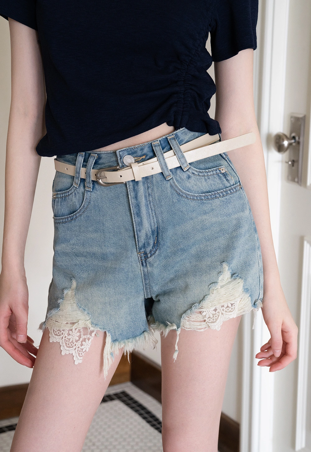Women’s High‑Waist Ripped Lace Denim Shorts