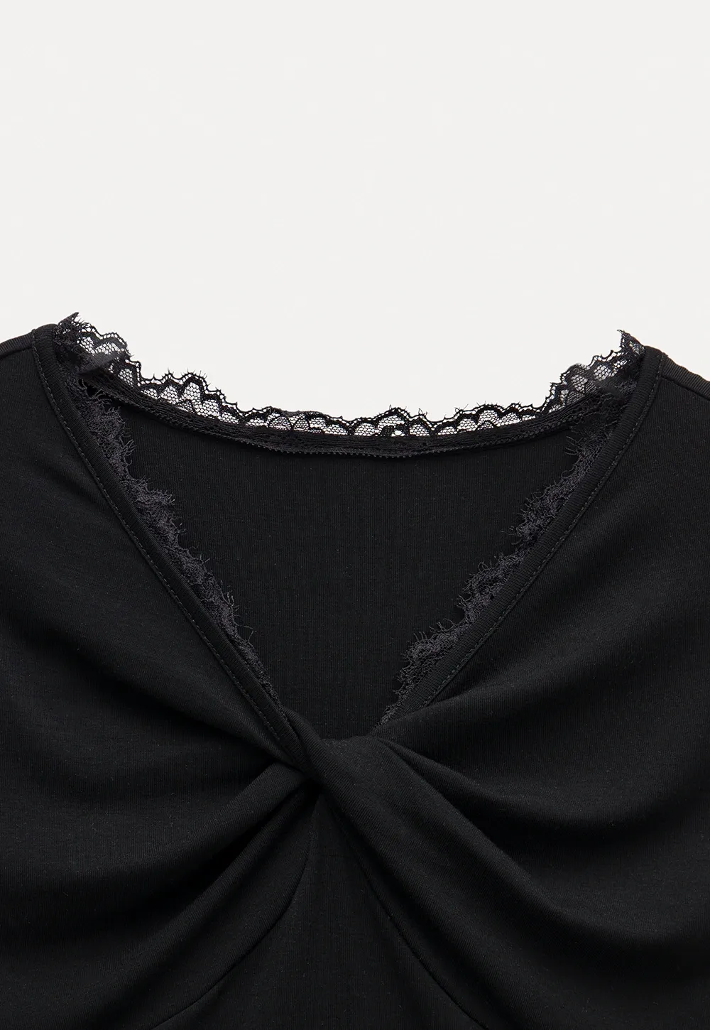 Women's Ruched V-Neck Lace Trim Fitted T-Shirt