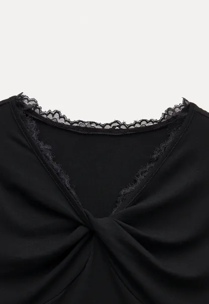 Women's Ruched V-Neck Lace Trim Fitted T-Shirt