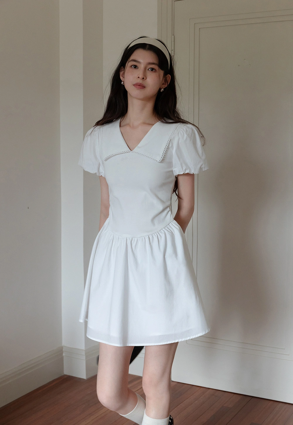 French V-Neck Puff Sleeve White Dress