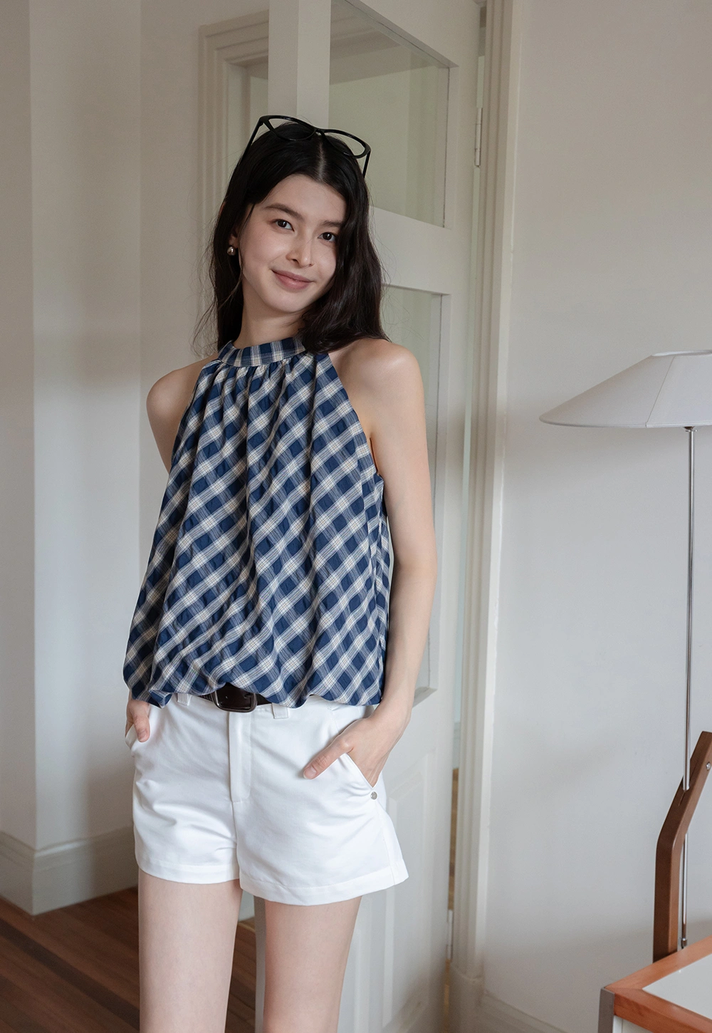Women's Diagonal Plaid Lace Trim Cami Top