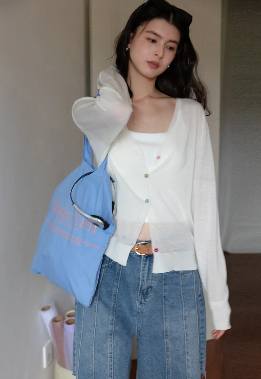 Women's V-Neck Knit Cardigan with Colorful Buttons