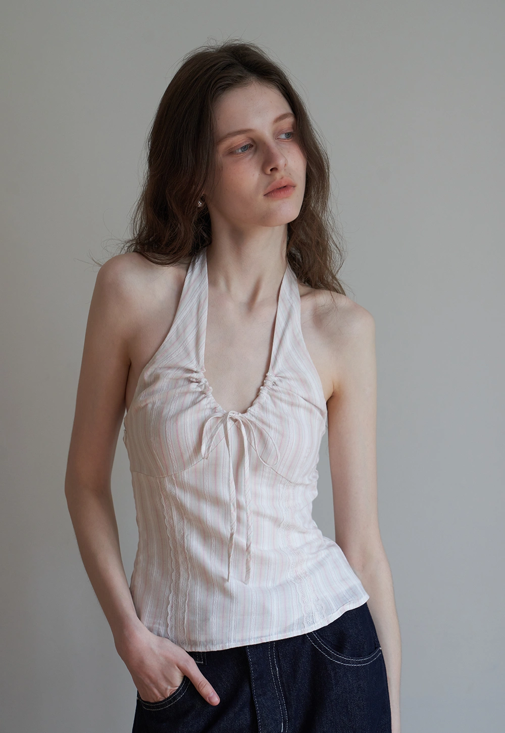 Women's Lace Patchwork Halter V-Neck Ruched Cami Top