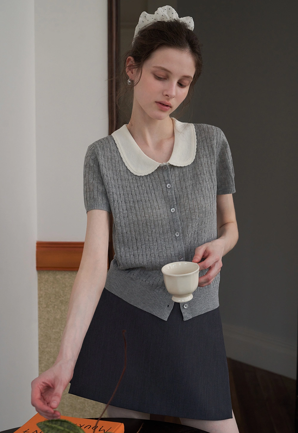 Women's Contrast Peter Pan Collar Cable Knit Cardigan