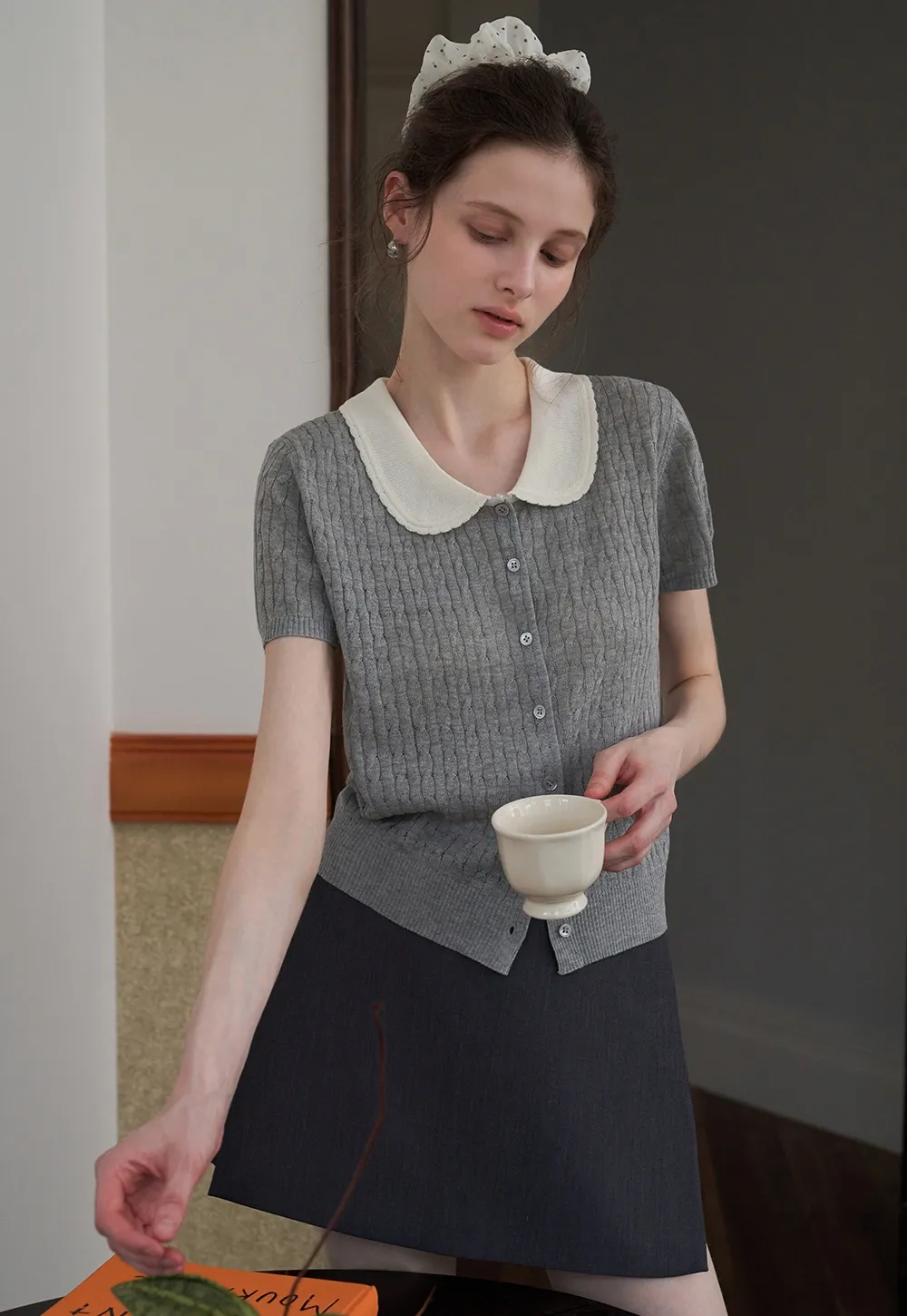 Women's Contrast Peter Pan Collar Cable Knit Cardigan