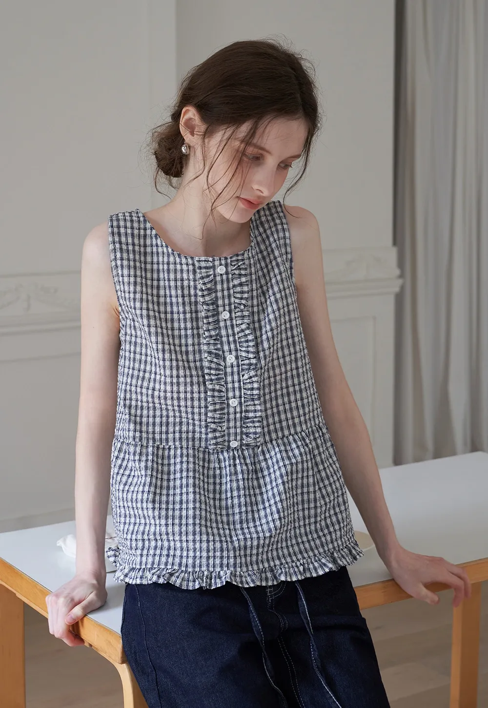 Vintage Gingham Sleeveless Blouse