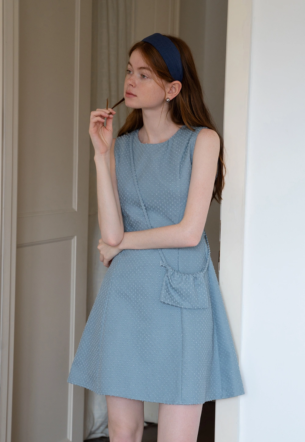 Women's Sleeveless Textured Mini Dress with Side Pocket Flap