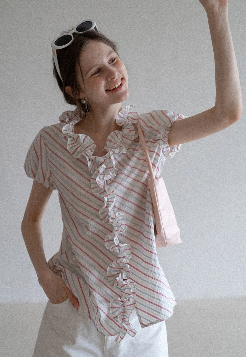 Women’s Ruffle Trim Striped Short Sleeve Blouse