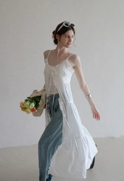 Women’s Eyelet Lace V Neck Midi Dress