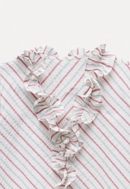 Women’s Ruffle Trim Striped Short Sleeve Blouse