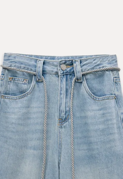 Women's High Waist Wide Leg Cropped Jeans with Belt